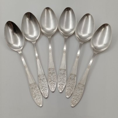 Набор столовых ложек с растительным орнаментом на 6 персон, мНЦ (медь-никель-цинк), Режевский механический завод (РМ), СССР, 1970-1990 гг.