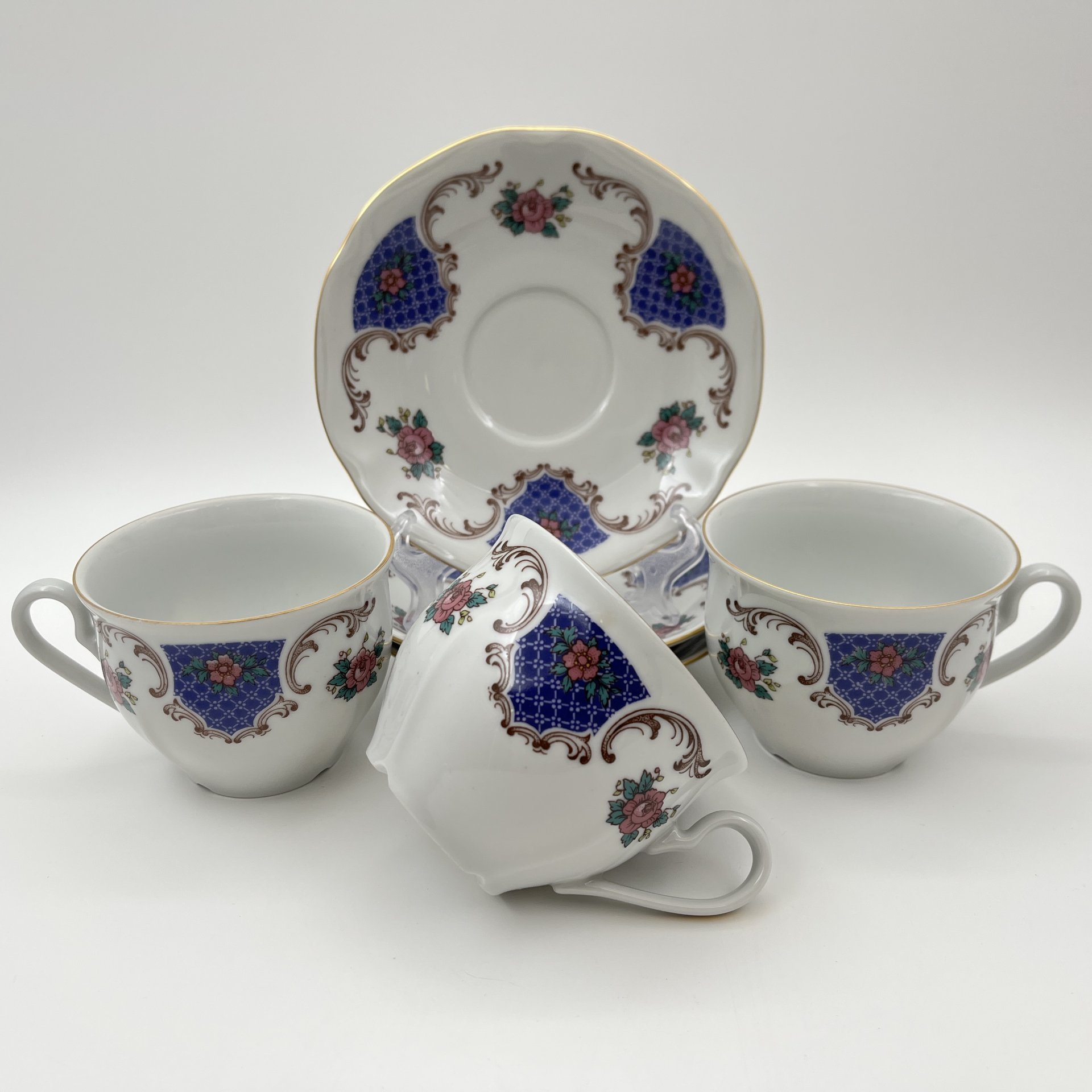 Набор из 3-х чайных пар с цветочным декором, фарфор, деколь, золочение, Bohemia (Neurohlau), Чехословакия, 1970-1990 гг.