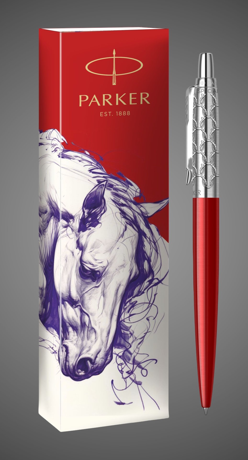 Шариковая ручка Parker Jotter Horse Special Editionl, Red CT, стержень: M, цвет чернил : blue в подарочной коробке, Металлы: нержавеющая сталь, хромирование