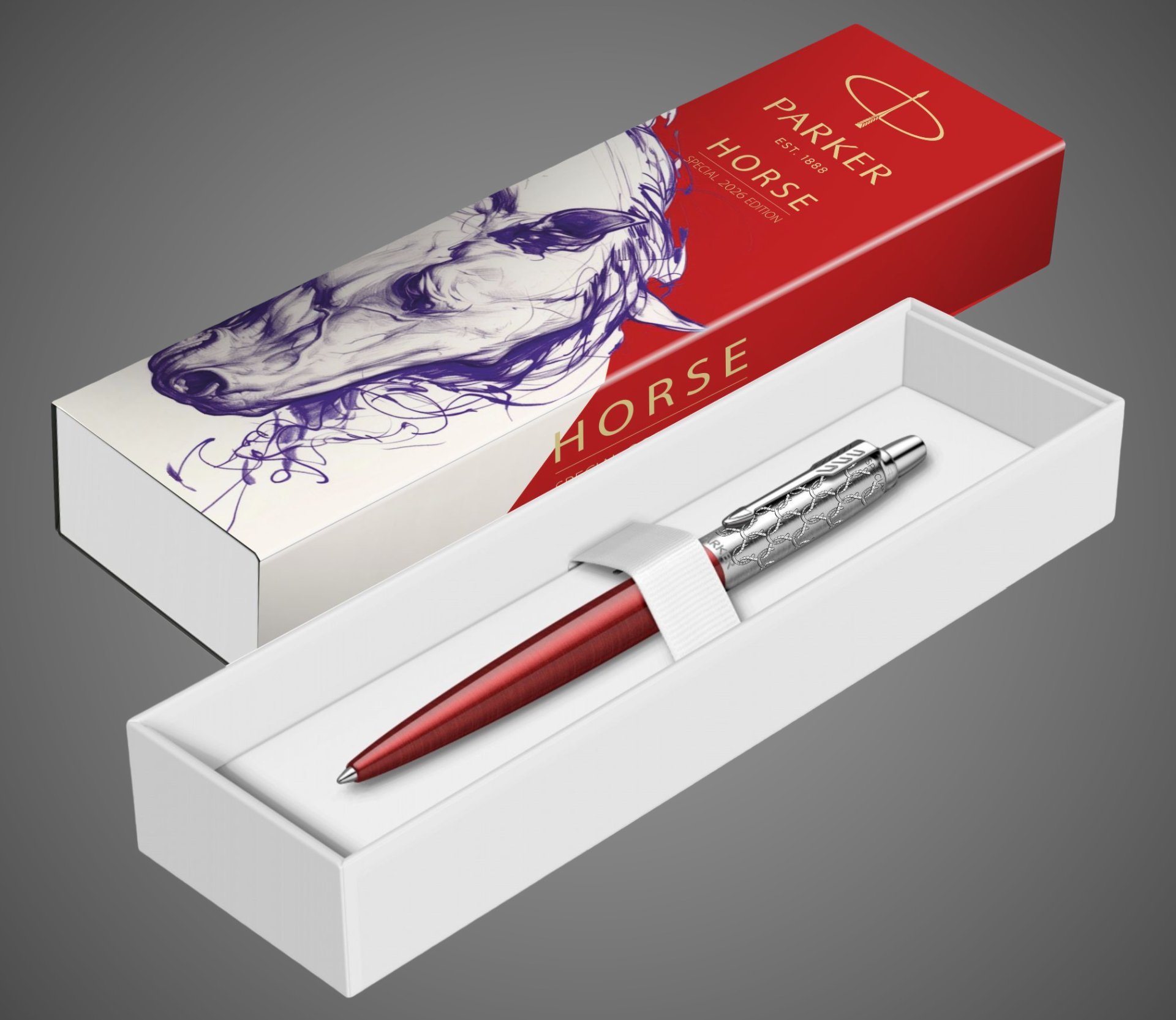 Шариковая ручка Parker Jotter Horse Special Editionl, Red CT, стержень: M, цвет чернил : blue в подарочной коробке, Металлы: нержавеющая сталь, хромирование