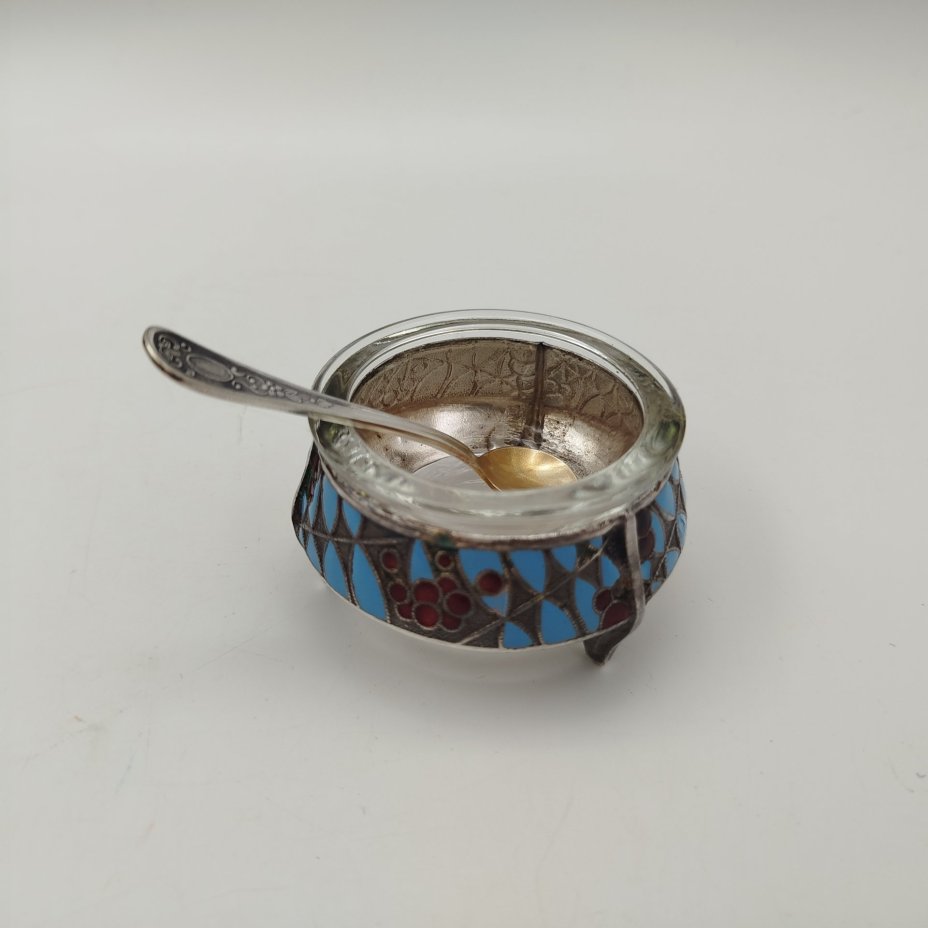 Солонка «Рябинка» с ложечкой, мельхиор (медь-никель), эмаль, стекло (вставка), Мстерская художественная фабрика  «Ювелир», СССР, 1970-1980 гг.