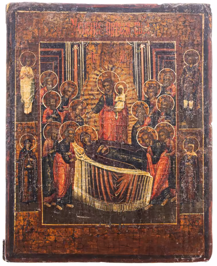 Икона "Успение Пресвятой Богородицы", дерево, темпера, Российская Империя, 1850-1900 гг.