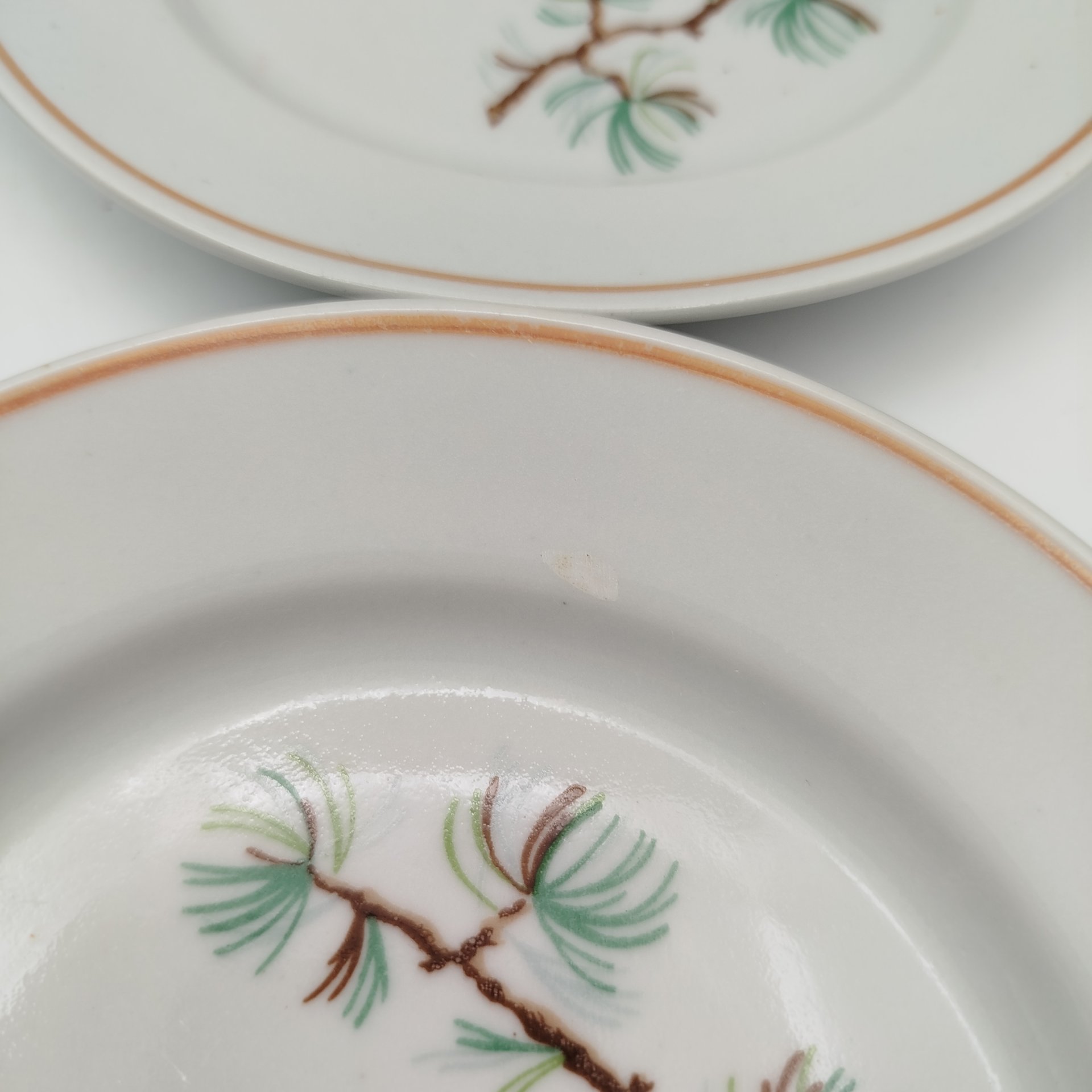 Набор пирожковых (закусочных) тарелок "Шишки" на 6 персон, фарфор, деколь, Фарфоровый завод «Пролетарий» (Бронница, Мста), СССР, 1976-1991 гг.