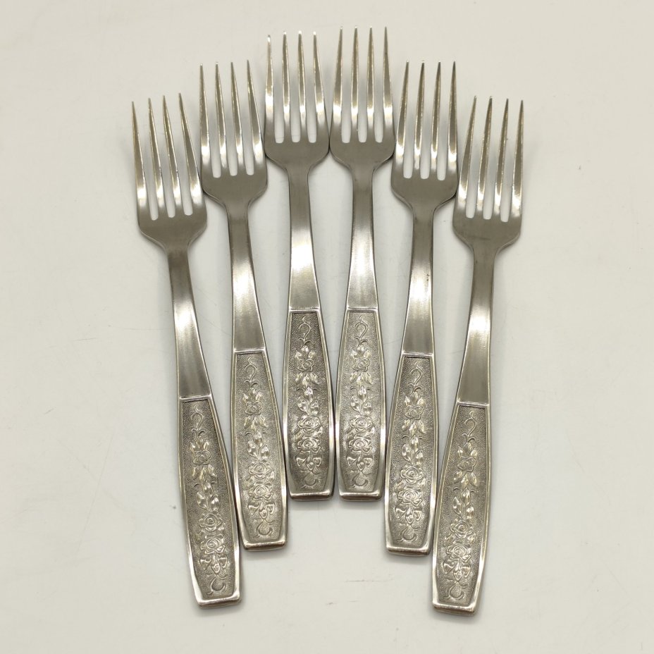 Набор из 6-ти столовых вилок с цветочным декором, Завод "Серп и молот", нержавеющая сталь, СССР, 1960-1980 гг.