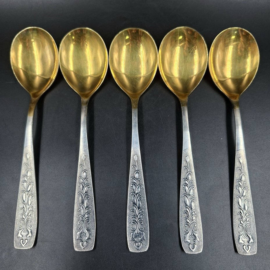 Набор из пяти столовых ложек "Хмель", мНЦ (медь-никель-цинк), золочение, Завод «Проминь», СССР, 1970-1990 гг.