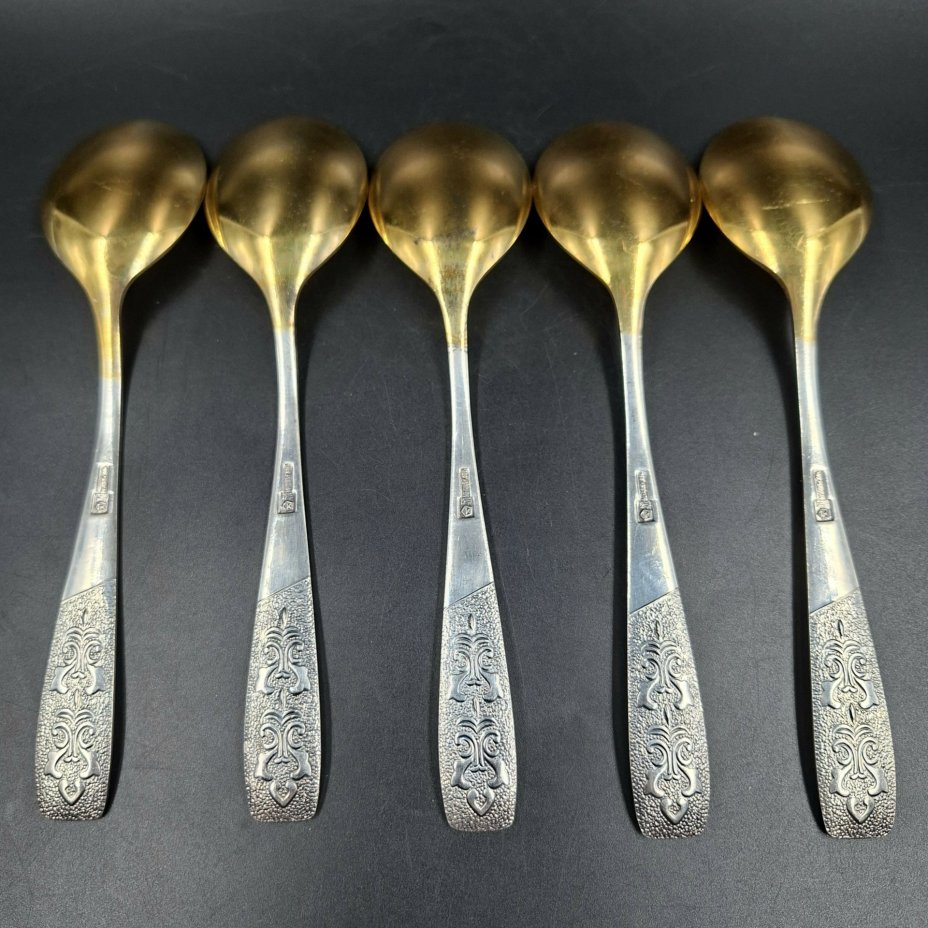 Набор из пяти столовых ложек "Хмель", мНЦ (медь-никель-цинк), золочение, Завод «Проминь», СССР, 1970-1990 гг.