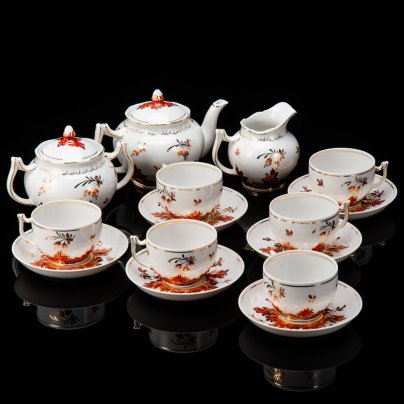 Сервиз "Барбарис" на 6 персон (15 предметов), фарфор, деколь, золочение, роспись, Дмитровский фарфоровый завод (ДФЗ Вербилки), СССР, 1965-1991 гг.