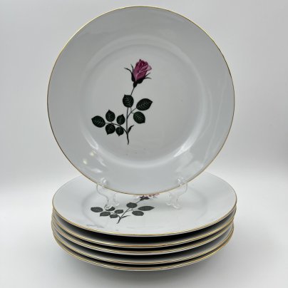 Набор из 6-ти обеденных тарелок с изображением розы, фарфор, деколь, золочение, Kahla, ГДР, 1968-1987 гг.