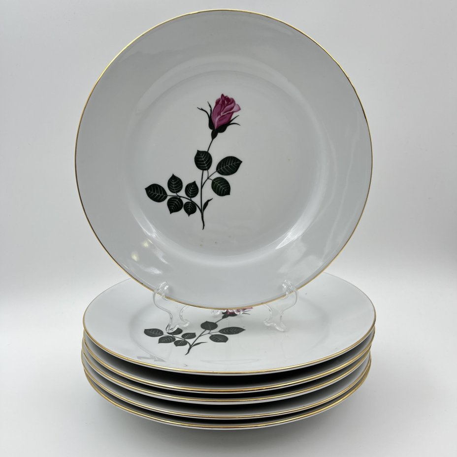 Набор из 6-ти обеденных тарелок с изображением розы, фарфор, деколь, золочение, Kahla, ГДР, 1968-1987 гг.