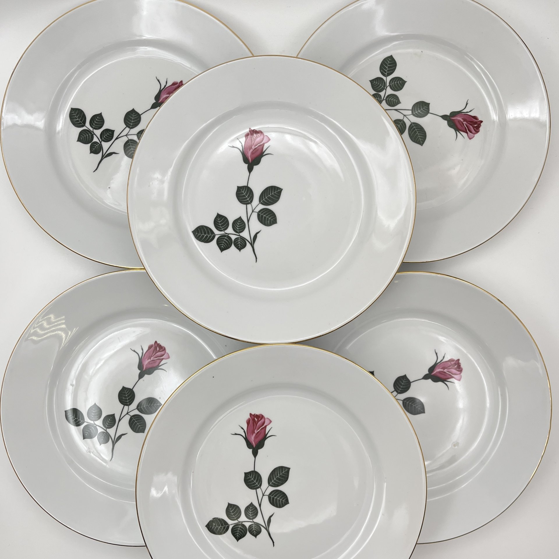 Набор из 6-ти обеденных тарелок с изображением розы, фарфор, деколь, золочение, Kahla, ГДР, 1968-1987 гг.