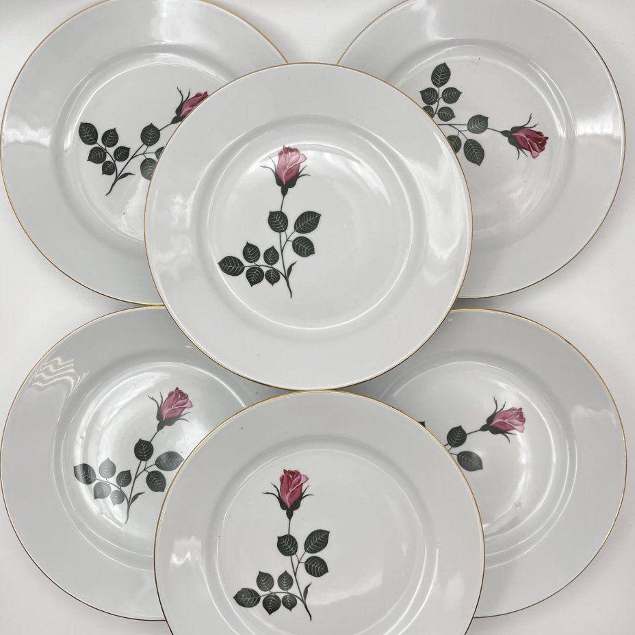 Набор из 6-ти обеденных тарелок с изображением розы, фарфор, деколь, золочение, Kahla, ГДР, 1968-1987 гг.