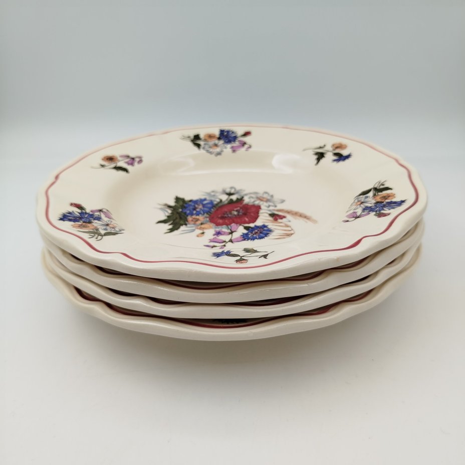 Набор суповых (глубоких) тарелок с цветочным декором на 4 персоны, фаянс, деколь, Sarreguemines (Саргемин), Франция, 1980-2000 гг.