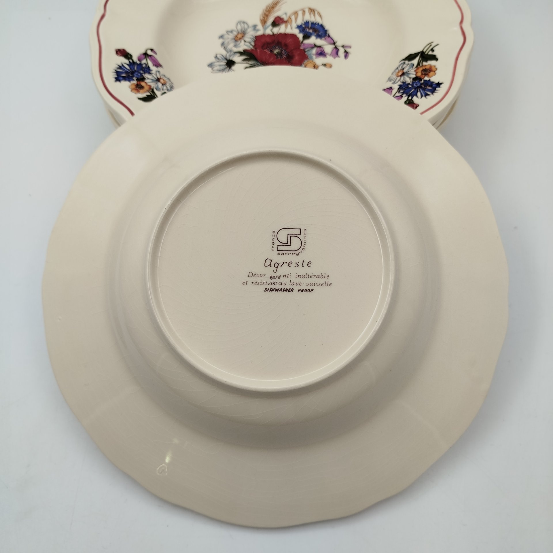 Набор суповых (глубоких) тарелок с цветочным декором на 4 персоны, фаянс, деколь, Sarreguemines (Саргемин), Франция, 1980-2000 гг.