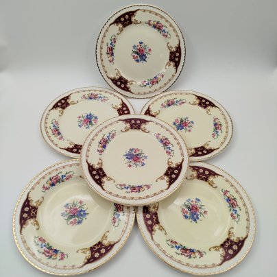 Набор пирожковых тарелок с цветочным декором на 6 персон, Portland Pottery, фаянс, деколь, золочение, Великобритания, 1946-1970 гг.