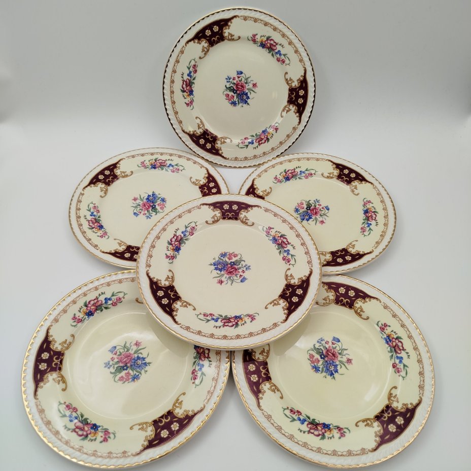 Набор пирожковых тарелок с цветочным декором на 6 персон, Portland Pottery, фаянс, деколь, золочение, Великобритания, 1946-1970 гг.