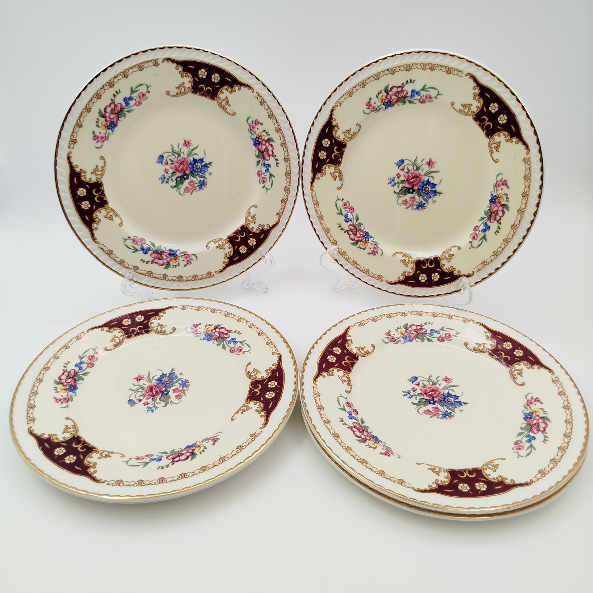 Набор пирожковых тарелок с цветочным декором на 6 персон, Portland Pottery, фаянс, деколь, золочение, Великобритания, 1946-1970 гг.