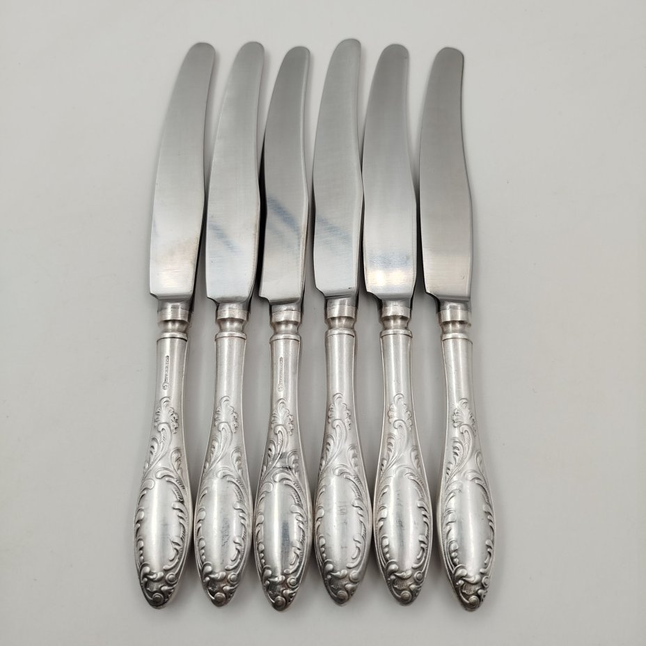 Набор из шести десертных ножей "Пламя", мНЦ (медь-никель-цинк), сталь, Оленегорский механический завод, СССР, 1960-1990 гг., Оленегорский механический завод