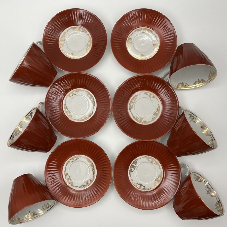 Сервиз чайный бордового оттенка с цветочным декором на 6 персон (15 предметов)