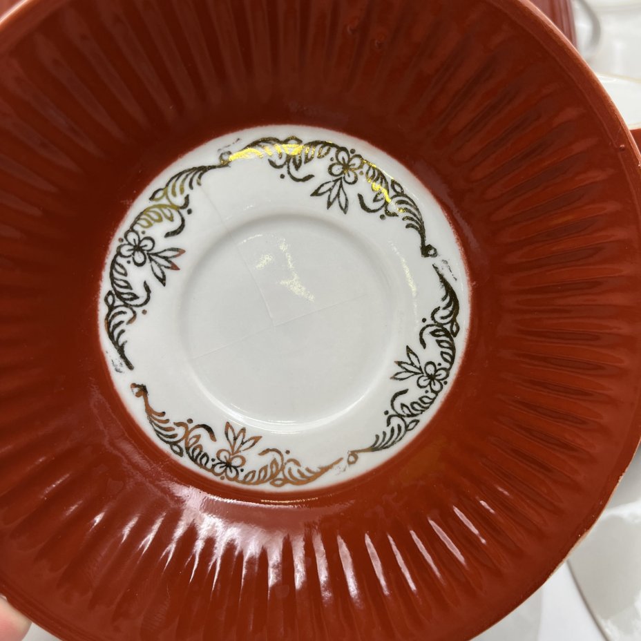 Сервиз чайный бордового оттенка с цветочным декором на 6 персон (15 предметов)