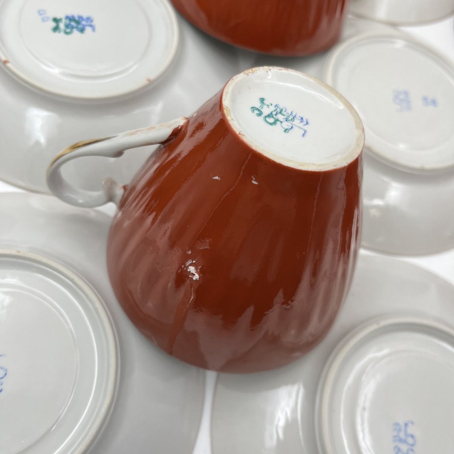 Сервиз чайный бордового оттенка с цветочным декором на 6 персон (15 предметов)