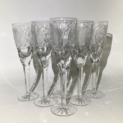 Набор из 6-ти фужеров (бокалов) для крепких напитков с резным декором, стекло, алмазная грань, СССР, 1970-1990 гг.