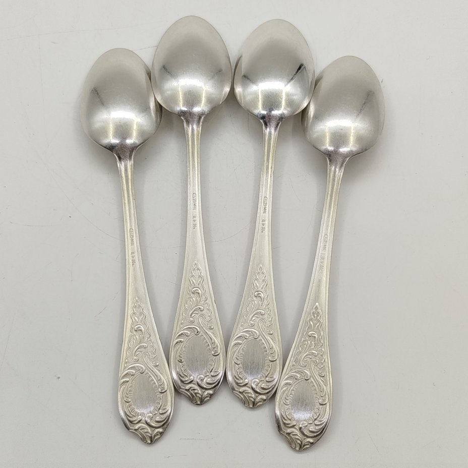 Набор из 4-х ложек с растительным декором, мНЦ (медь-никель-цинк), Киевский завод столовых приборов и посуды им. Дзержинского (ЗiД, ЗиД), СССР, 1962-1972 гг.