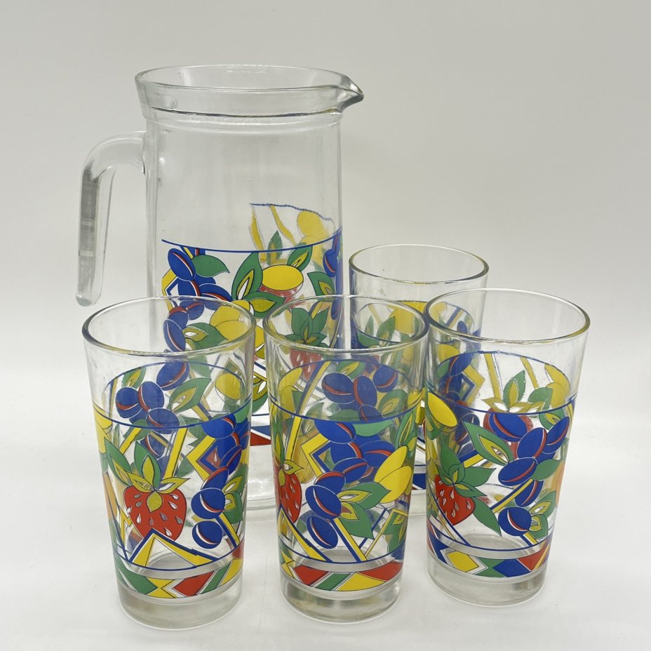 Набор из кувшина и 4 стаканов для сока с фруктовым декором, Wanda, стекло, деколь, Италия, 1970-1980 гг.