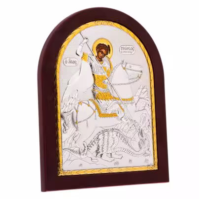 Икона « Георгий Победоносец", мдф, печать, металл, серебрение, золочение, фирма "Silver Axion", Греция, 2010-2020 гг., Silver Axion
