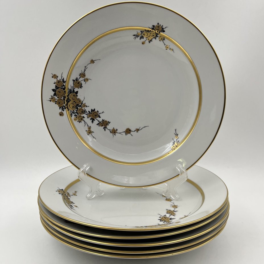 Набор из шести суповых тарелок с цветочным декором золотистого цвета, фарфор, деколь, золочение, Graf Von Henneberg Porzellan, 1777 Jlmenau, ГДР, 1973-1977 гг.