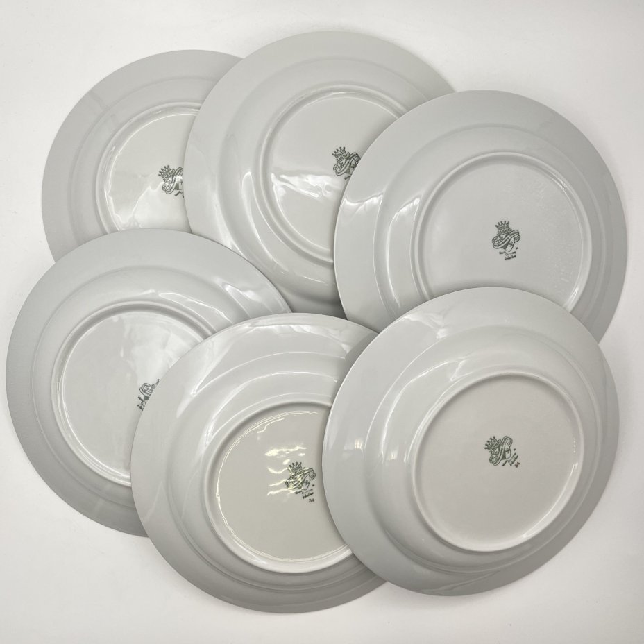 Набор из шести суповых тарелок с цветочным декором золотистого цвета, фарфор, деколь, золочение, Graf Von Henneberg Porzellan, 1777 Jlmenau, ГДР, 1973-1977 гг.