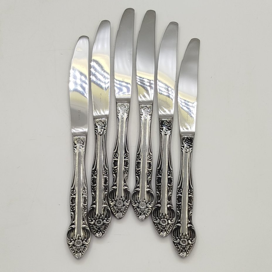 Набор ножей на 6 персон с цветочным декором на черенках, нержавеющая сталь, Кировский завод, СССР, 1970-1990 гг.