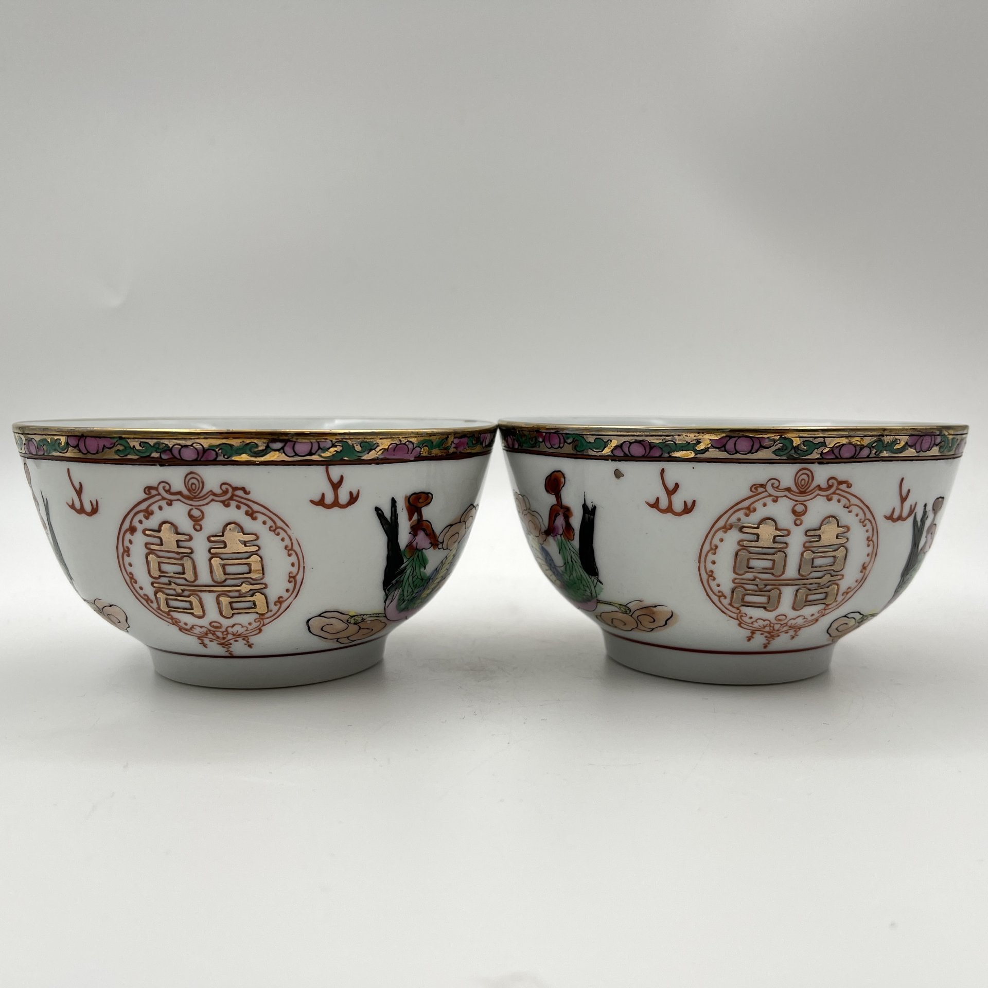 Набор из 4 пиал "Дракон и феникс" (в подборе), фарфор, трафарет, роспись, золочение, Китай, 1960-1980 гг.