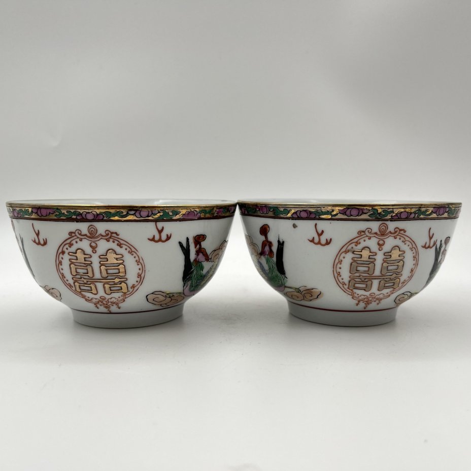 Набор из 4 пиал "Дракон и феникс" (в подборе), фарфор, трафарет, роспись, золочение, Китай, 1960-1980 гг.