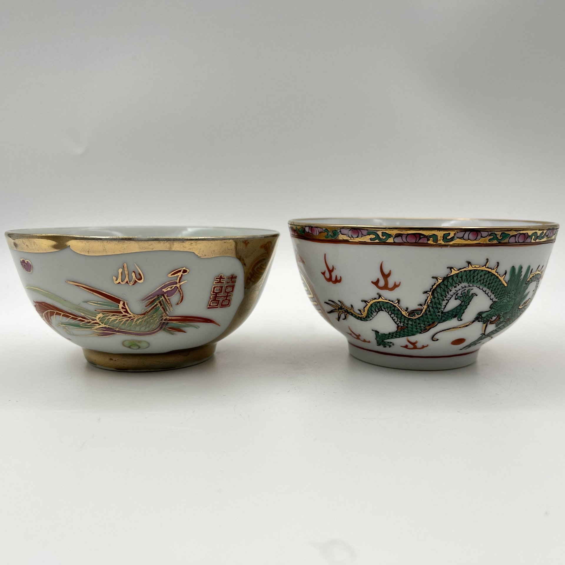 Набор из 4 пиал "Дракон и феникс" (в подборе), фарфор, трафарет, роспись, золочение, Китай, 1960-1980 гг.