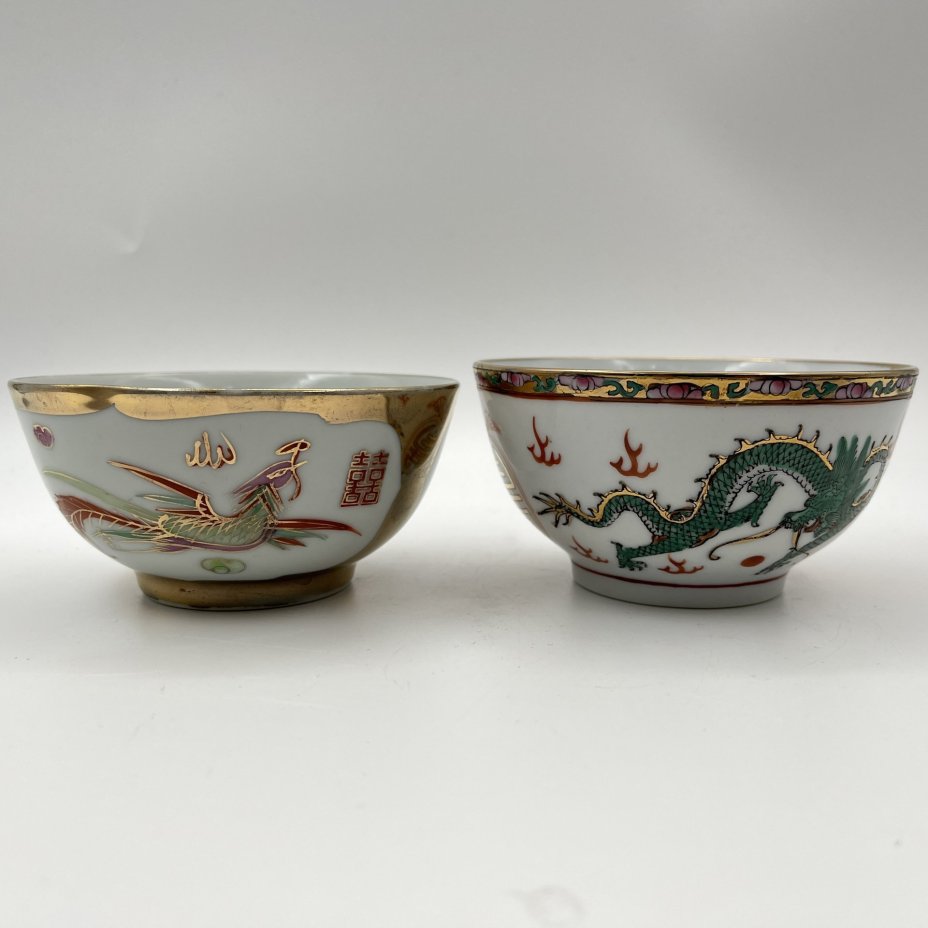 Набор из 4 пиал "Дракон и феникс" (в подборе), фарфор, трафарет, роспись, золочение, Китай, 1960-1980 гг.