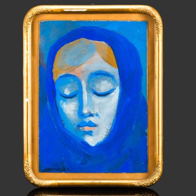 Картина "Женский портрет", выполненная в синей гамме и оформленная в раму, подпись "Звягин 69 г." (Звягин Михаил Леонидович, 1931-2022 гг.), картон, гуашь, металл, стекло, СССР, 1969 г.