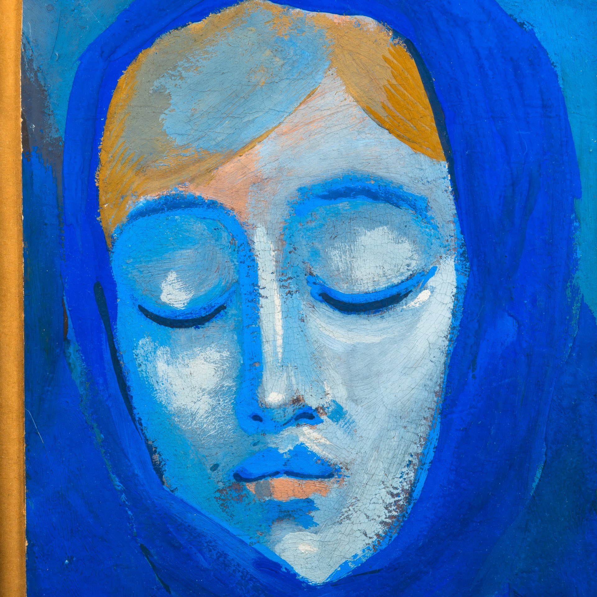 Картина "Женский портрет", выполненная в синей гамме и оформленная в раму, подпись "Звягин 69 г." (Звягин Михаил Леонидович, 1931-2022 гг.), картон, гуашь, металл, стекло, СССР, 1969 г.