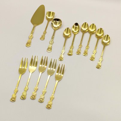 Набор столовых приборов для подачи десерта (14 предметов) с декором в виде цветка розы в оригинальной упаковке, Kaffeebesteck 15-TLG Vergoldet, нержавеющая сталь, золочение, картон