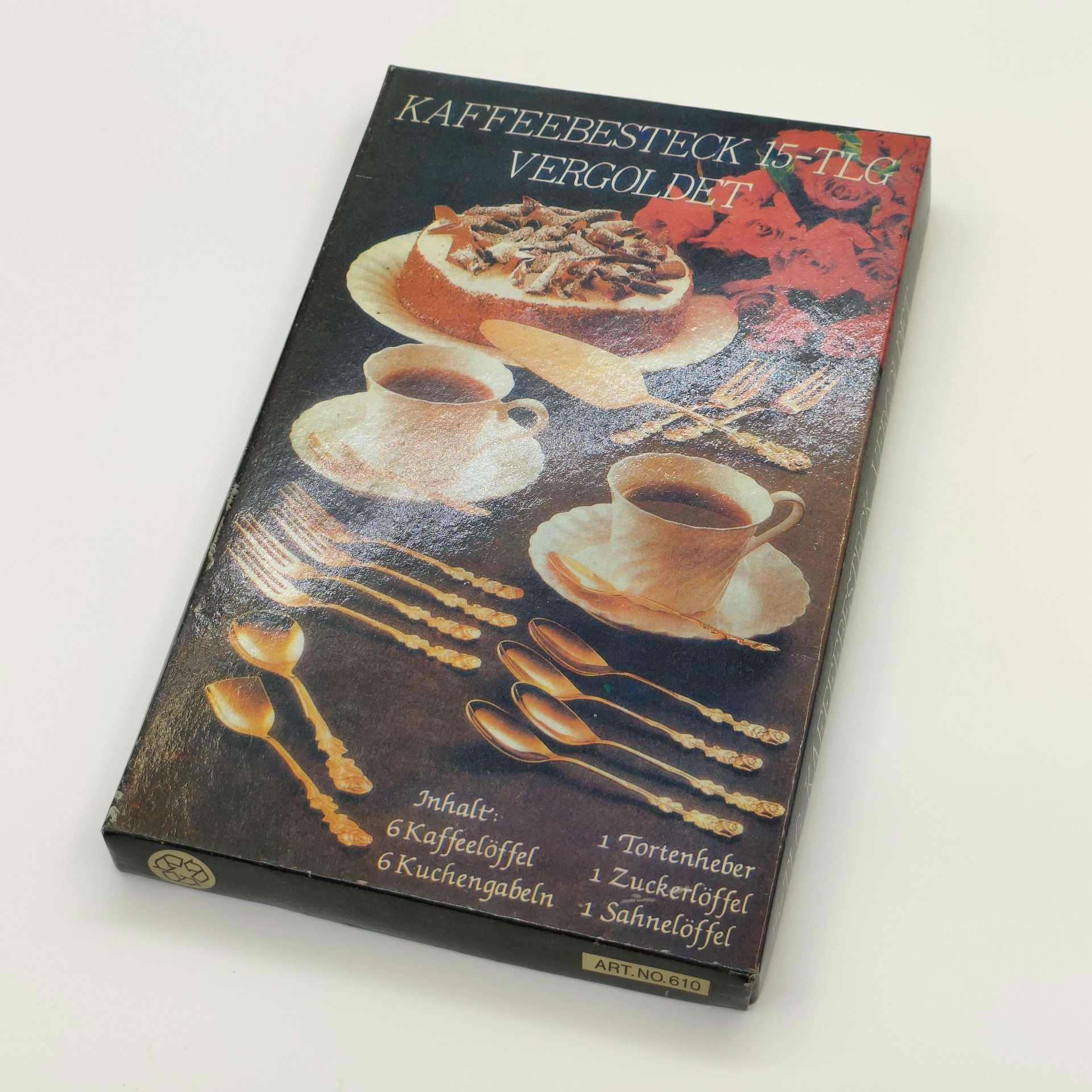 Набор столовых приборов для подачи десерта (14 предметов) с декором в виде цветка розы в оригинальной упаковке, Kaffeebesteck 15-TLG Vergoldet, нержавеющая сталь, золочение, картон