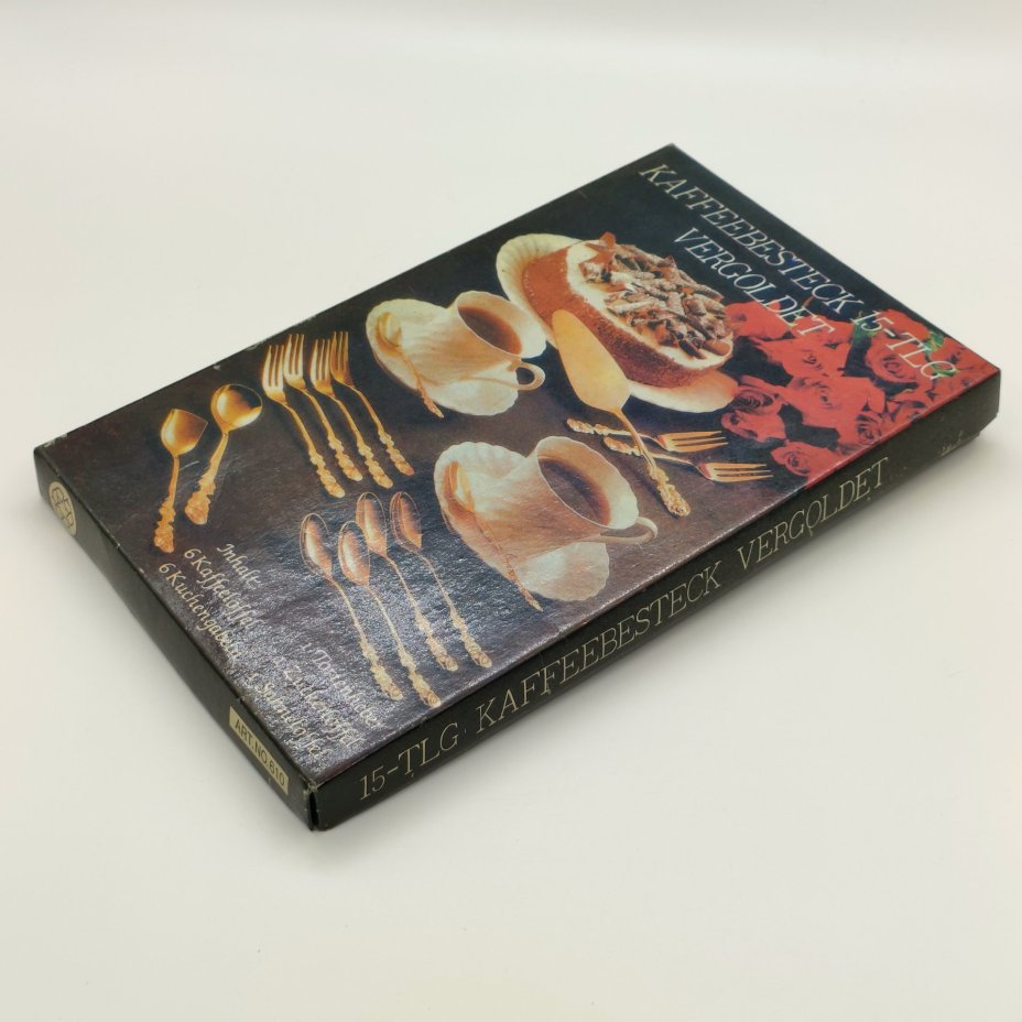 Набор столовых приборов для подачи десерта (14 предметов) с декором в виде цветка розы в оригинальной упаковке, Kaffeebesteck 15-TLG Vergoldet, нержавеющая сталь, золочение, картон