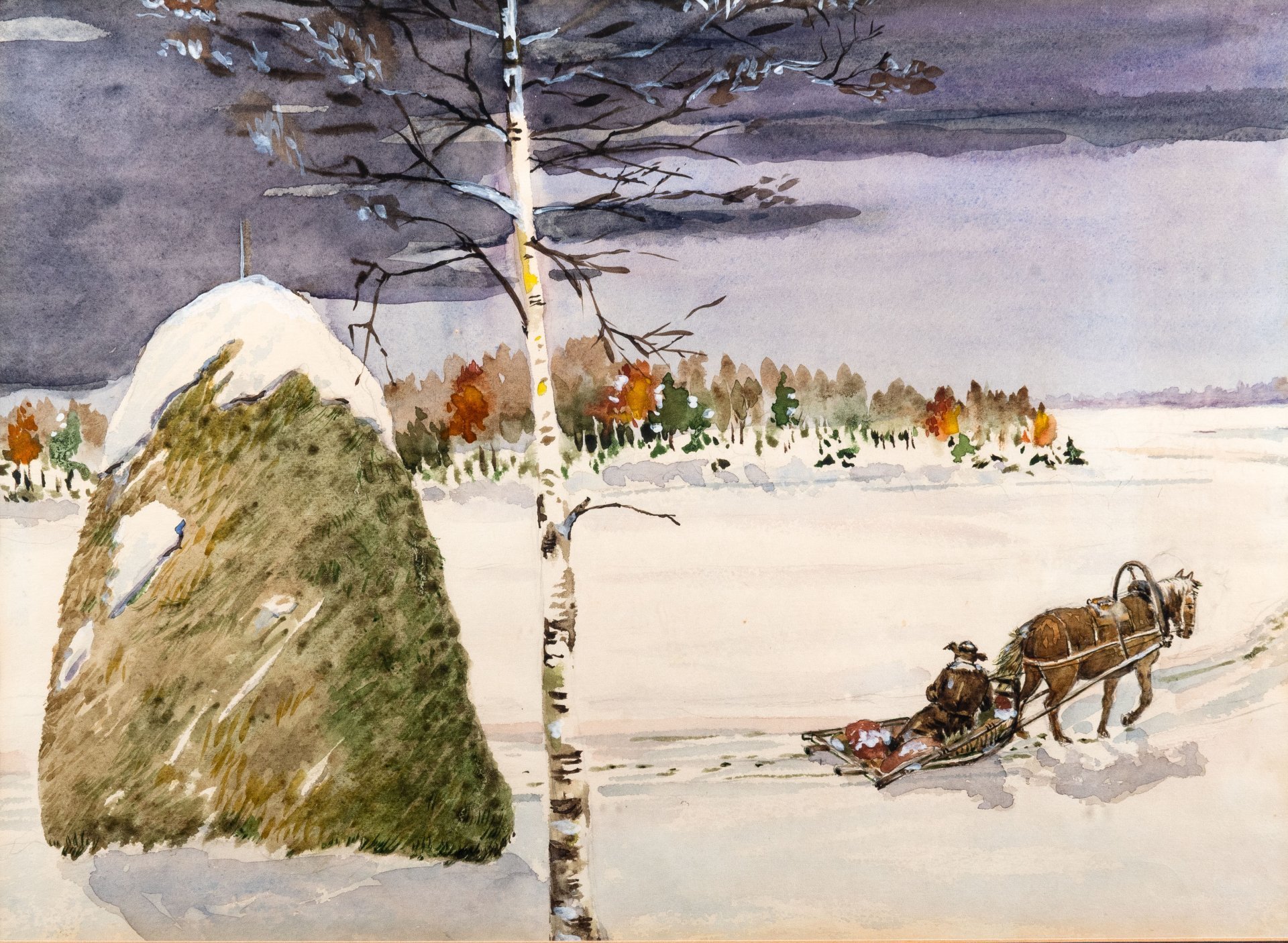 Картина "Зимний пейзаж со стогом сена" (название условное), оформленная в паспарту и раму, неизвестный художник, бумага, акварель, СССР, 1960-1980 гг.