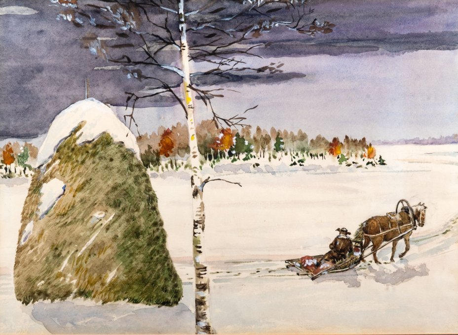 Картина "Зимний пейзаж со стогом сена" (название условное), оформленная в паспарту и раму, неизвестный художник