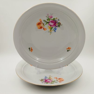 Набор из двух больших круглых блюд с цветочным декором, фарфор, деколь, золочение, Kahla, ГДР, 1960-1990 гг.