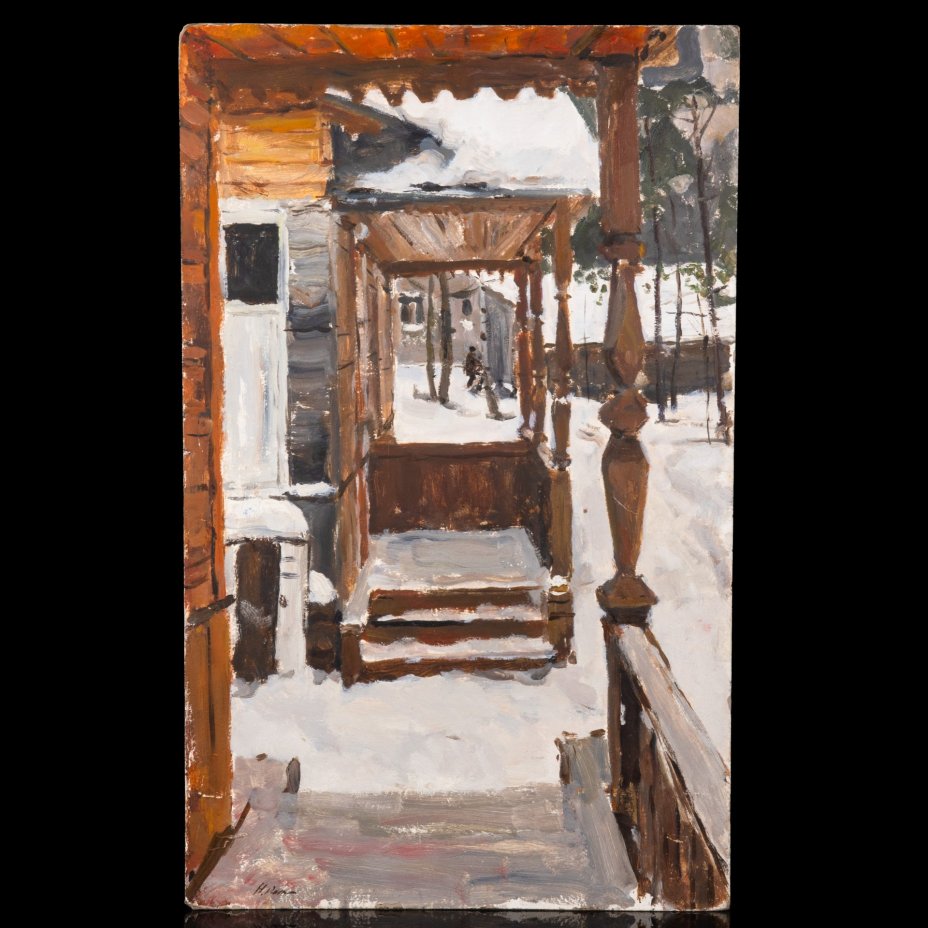 Картина "Зимняя веранда", художник Репин Николай Никитович (1932-2023 гг.), картон, масло, СССР, 1976 г.