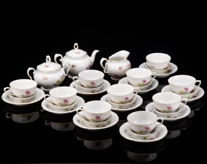 Сервиз чайный с цветочным декором на 10 персон (33 предмета), фарфор, деколь, золочение, Kahla, ГДР, 1960-1990 гг.