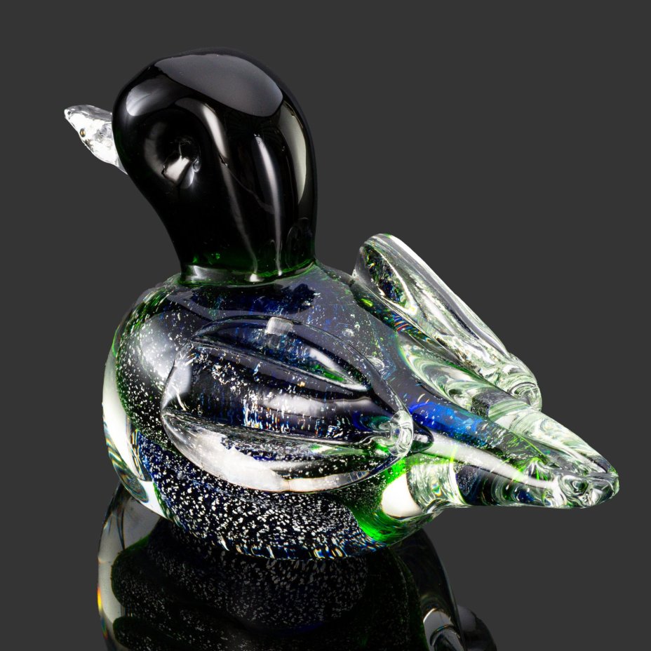 Статуэтка "Утка" сине-зеленого цвета, стекло, гутная техника, Silver Leaf (декоративная техника с добавлением серебряного листа), Муранское стекло, Италия, 1970-1990 гг.