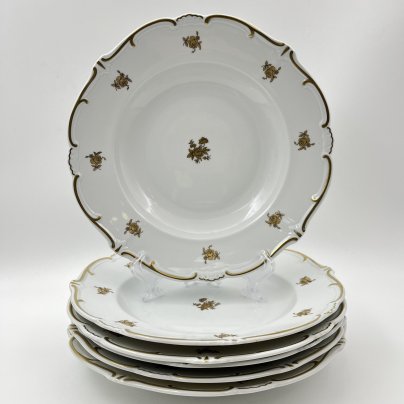 Набор из 6-ти обеденных тарелок, украшенных цветочным декором, фарфор, золочение, Weimar Porzellan (Веймарский фарфор), ГДР, 1950-1980 гг.