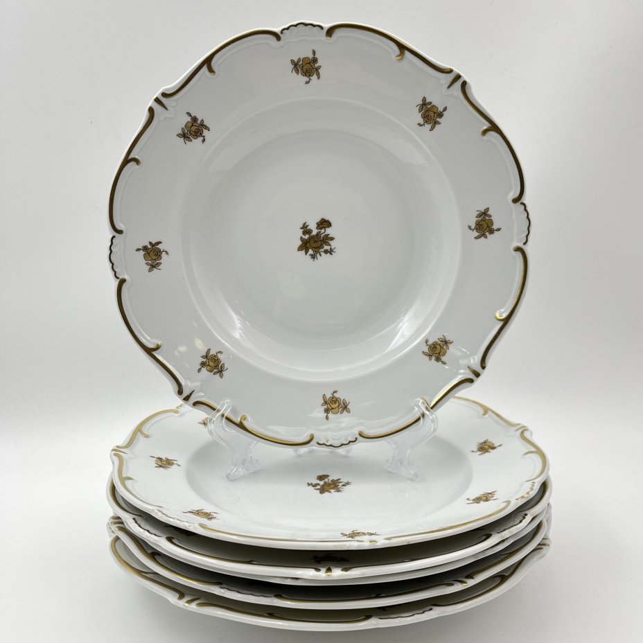 Набор из 6-ти обеденных тарелок, украшенных цветочным декором, фарфор, золочение, Weimar Porzellan (Веймарский фарфор), ГДР, 1950-1980 гг.
