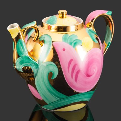 Чайник доливной «Розовая птица», автор П.В. Леонов, фарфор, роспись, золочение, Дулевский фарфоровый завод (Дулёво), СССР, 1968-1991 гг.