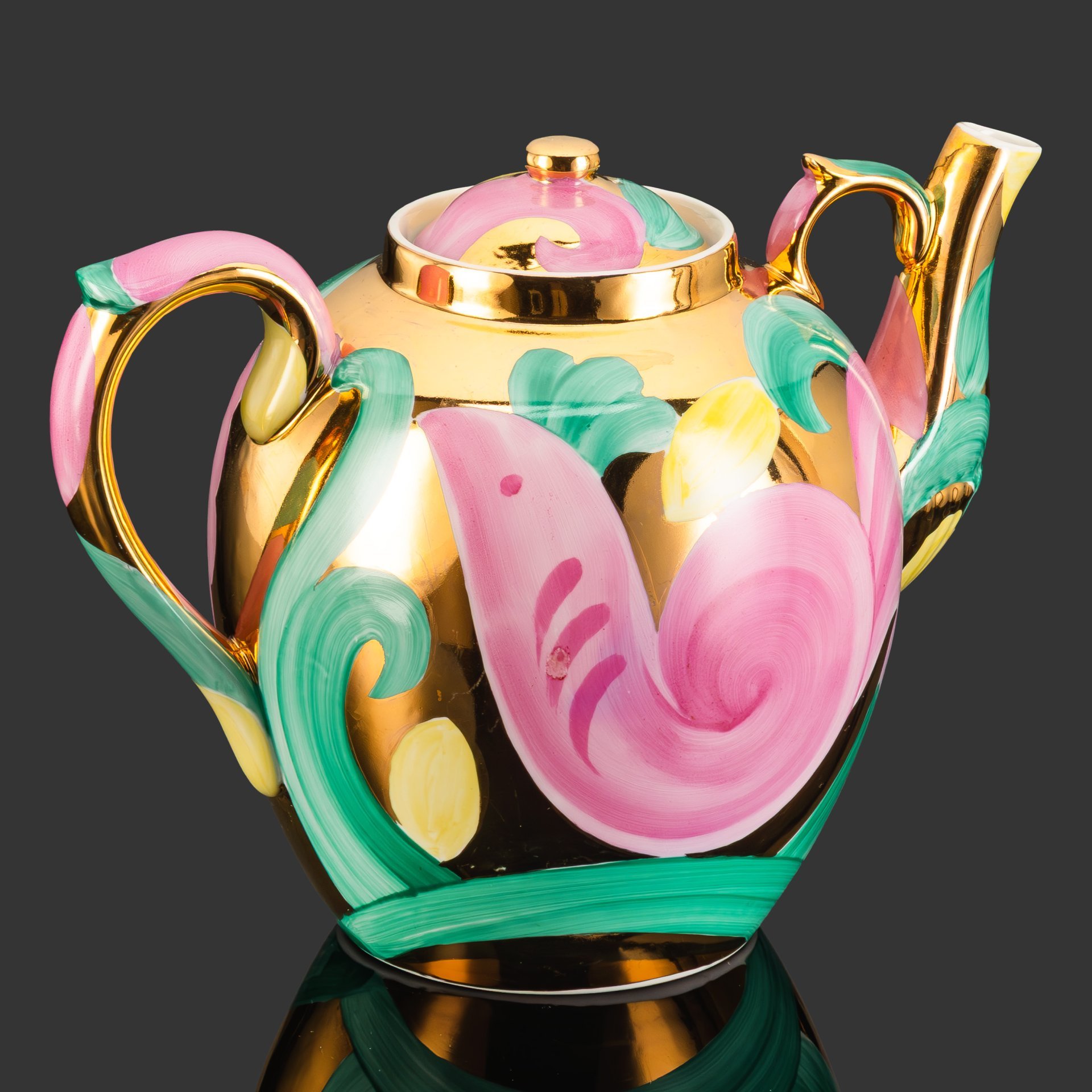 Чайник доливной «Розовая птица», автор П.В. Леонов, фарфор, роспись, золочение, Дулевский фарфоровый завод (Дулёво), СССР, 1968-1991 гг.